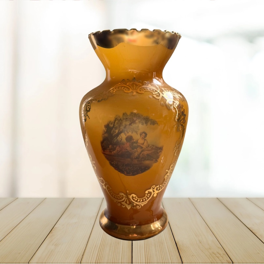 Art Glass Vase Yellow with Gold Trim Courting Couple 10" Tall